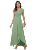 Cap Sleeve Mother of The Bride Dresses Chiffon V Neck Beaded Ruffles A Line Long Formal Evening Dress