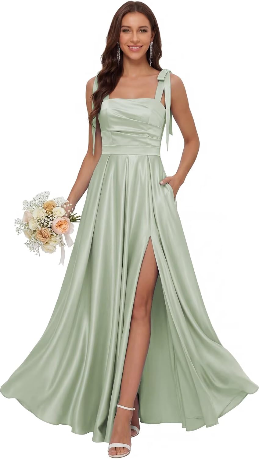 Satin Bridesmaid Dresses with Slit Spaghetti Straps Square Neck Long Formal Dress
