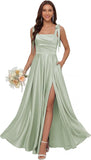 Satin Bridesmaid Dresses with Slit Spaghetti Straps Square Neck Long Formal Dress