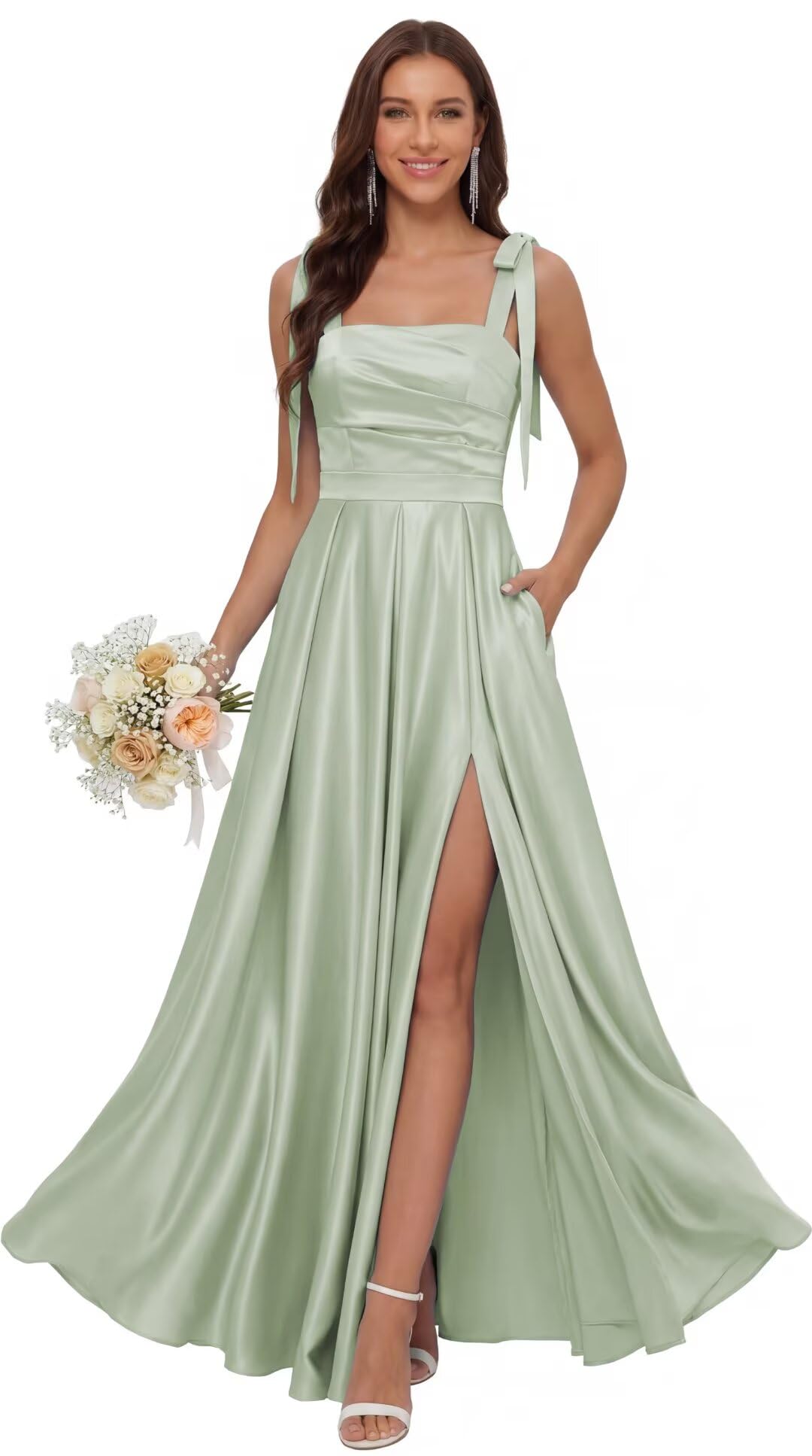Satin Bridesmaid Dresses with Slit Spaghetti Straps Square Neck Long Formal Dress