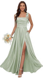 Satin Bridesmaid Dresses with Slit Spaghetti Straps Square Neck Long Formal Dress