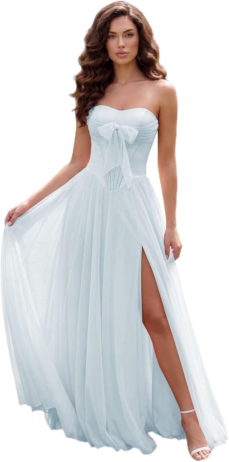 Strapless Chiffon Bow Prom Dresses 2026 Corset Chiffon Pleated A Line Formal Dress