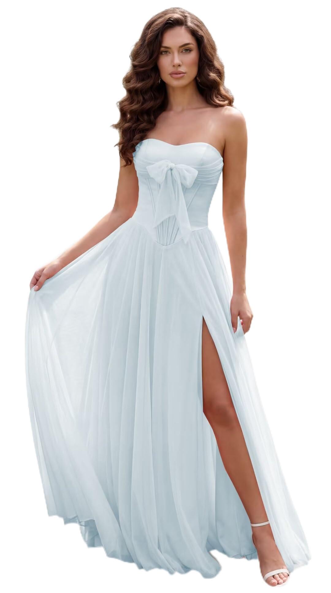 Strapless Chiffon Bow Prom Dresses 2026 Corset Chiffon Pleated A Line Formal Dress