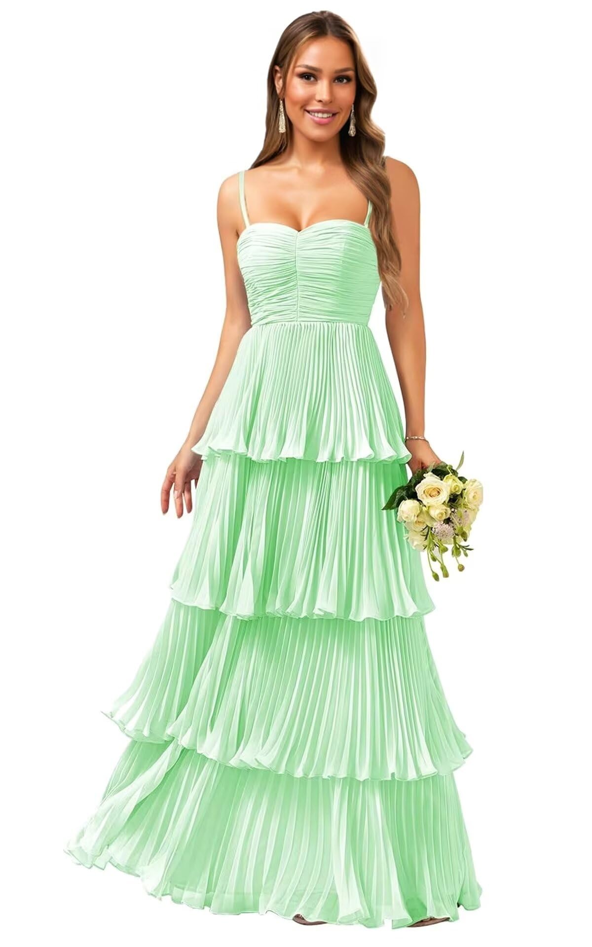 Tiered Ruffle Bridesmaid Dresses for Women Spaghetti Straps Long Chiffon Formal Evening Prom Gowns