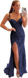 Women's Lace Mermaid Prom Dresses Long with Slit Mermaid Spaghetti Straps Backless Formal Evening Gowns