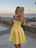 Spaghetti Straps Homecoming Dresses for Teens Satin A-line Short Prom Dress Pleated Cocktail Gowns with Pockets