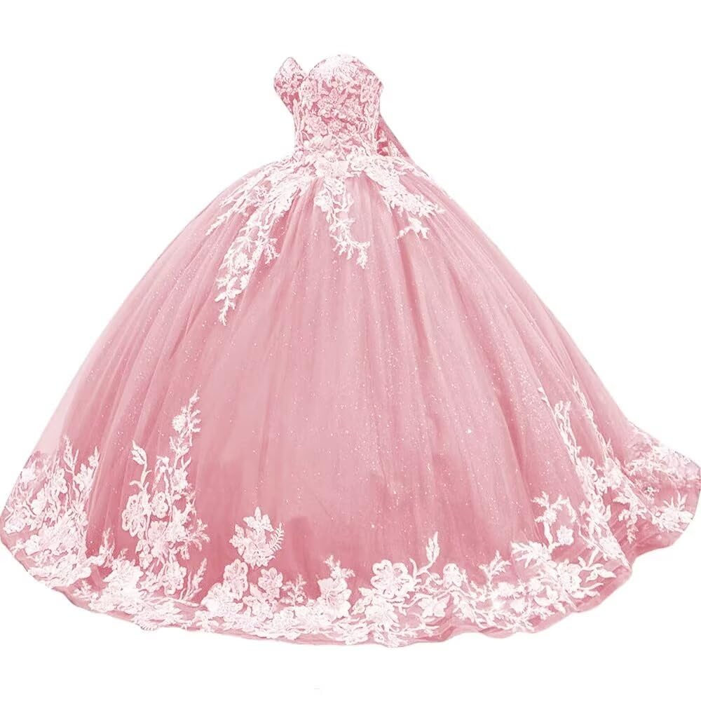 Sparkly Tulle Sweet 15 16 Quinceanera Dress Lace 3D Floral Ball Gown Strapless Puffy Prom Formal Gown