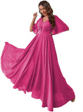 Women's Batwing Sleeve Chiffon Bridesmaid Dresses with Pockets V Neck Long Formal Evening Dress
