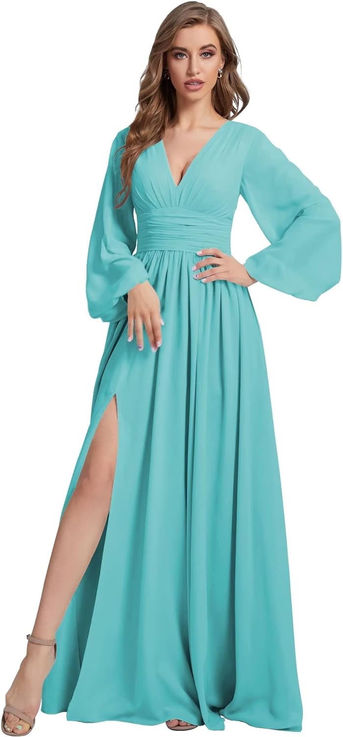 Womens V-Neck Long Sleeve Bridesmaid Dresses with Slit 2024 Ruched A-line Chiffon Prom Formal Dresses