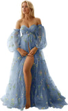 Flower Embroidery Tulle Maternity Dresses for Photoshoot Long Puffy Sleeve Off Shoulder Pregnancy Baby Shower Dress