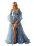 Kingbridal Gowns Flower Embroidery Tulle Maternity Dresses for Photoshoot Long Puffy Sleeve Off Shoulder Pregnancy Baby Shower Dress