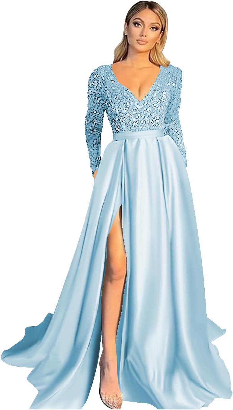 Vestido de fiesta de satén con lentejuelas brillantes para mujer, con bolsillos, manga larga y abertura. 