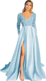 Vestido de fiesta de satén con lentejuelas brillantes para mujer, con bolsillos, manga larga y abertura. 
