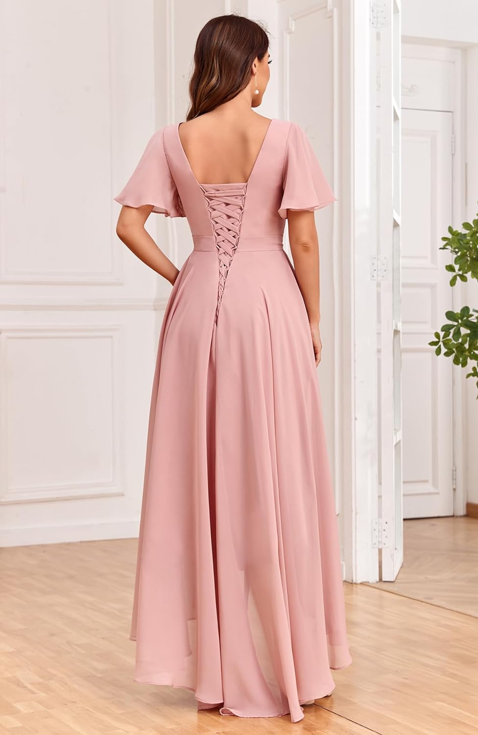 Women's Flutter Sleeve Bridesmaid Dresses with Pockets High Low Formal Dress