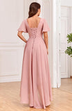 Women's Flutter Sleeve Bridesmaid Dresses with Pockets High Low Formal Dress