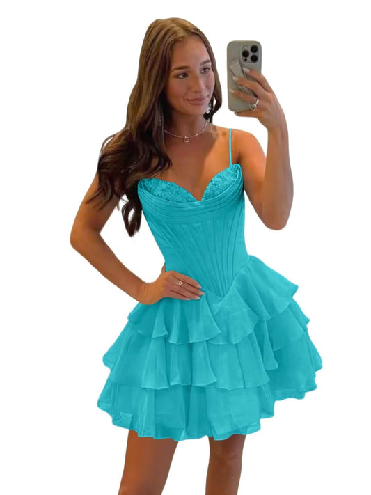 Short Homecoming Dresses 2026 Tiered Ruffle Hem Spaghetti Straps Chiffon Formal Cocktail Party Gowns for Teens