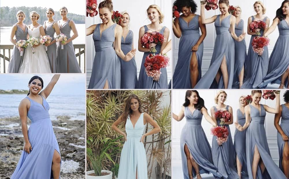 Women's Deep V Neck Bridesmaid Dresses with Slit Chiffon Pleats A Line Formal Party Dresses with Pockets