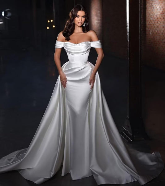 Mermaid Satin Prom Dresses for Women 2027 Long Off Shoulder Ruched Corset Formal Evening Dress Detachable Train