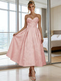Jacquard Satin Prom Dresses for Women Strapless Tea Length Sweetheart Neck A-line Formal Party Dress with Pockets