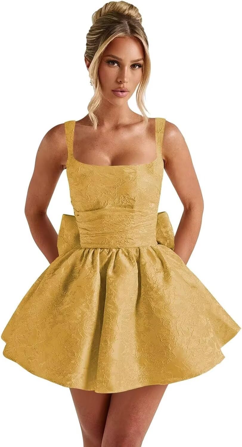 Jacquard Satin Homecoming Dresses for Teens Spaghetti Straps Short Prom Dress A-line Cocktail Party Gowns with Bow