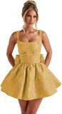 Jacquard Satin Homecoming Dresses for Teens Spaghetti Straps Short Prom Dress A-line Cocktail Party Gowns with Bow