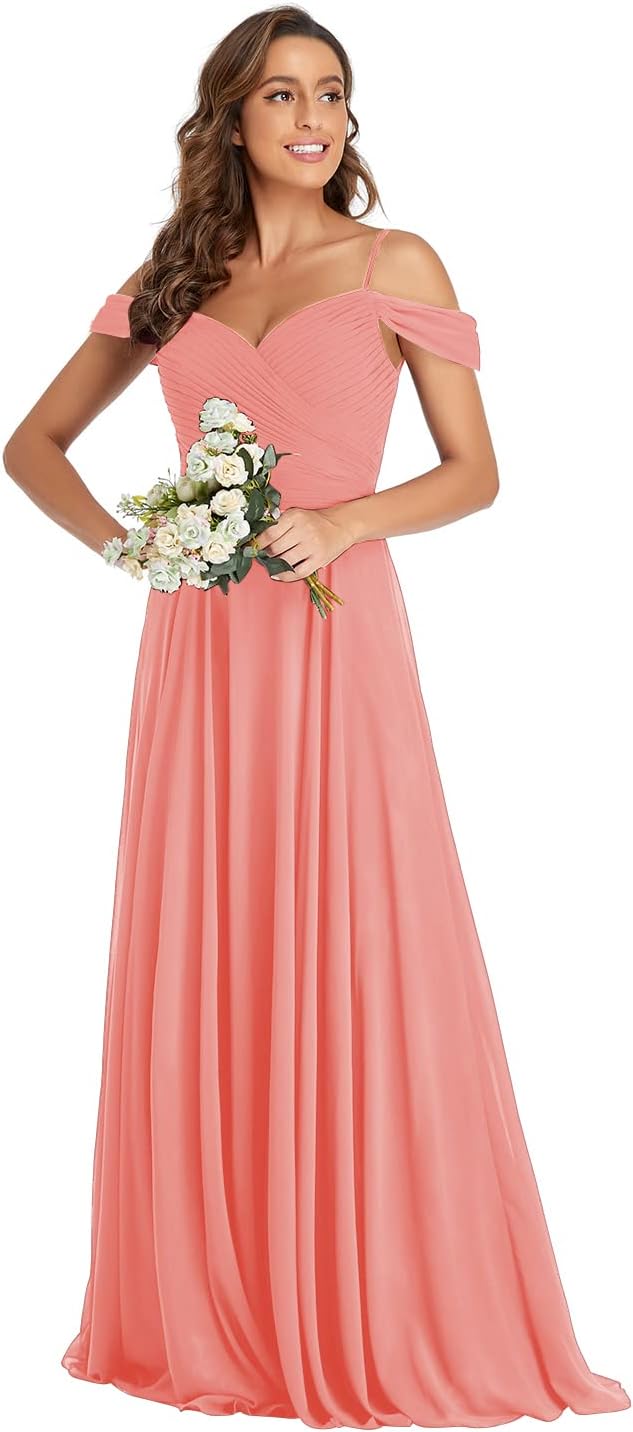 Off The Shoulder Chiffon Bridesmaid Dresses Long Spaghetti Straps A Line Formal Party Dress