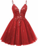 Spaghetti Straps Sequin Lace Appliques Short Homecoming Dresses for Teens Glitter Tulle Prom Party Dresses