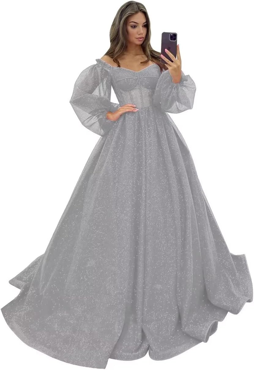 Puffy Sleeve Glitter Prom Dresses Women's Ball Gown Off Shoulder Formal Evening Gown Princess Quinceanera Dress