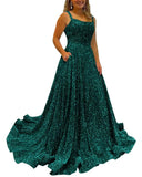Kingbridal Gowns Spaghetti Straps Prom Dresses Long for Women 2026 A Line Sequin Satin Formal Evening Party Ball Gowns with Slit