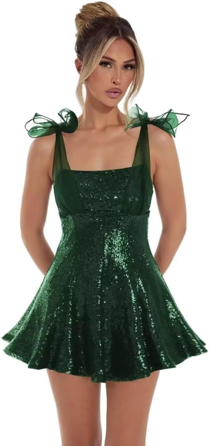 Sparkly Sequin Homecoming Dresses for Teens 2027 Spaghetti Strap Short Prom Dress with Bow Glitter Tulle Cocktail Party Gown