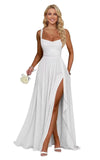 Ruffle Chiffon Bridesmaid Dress Long Square Neck Pleated Formal Gowns with Slit for Women Plus Size Spaghetti Straps Ruffles