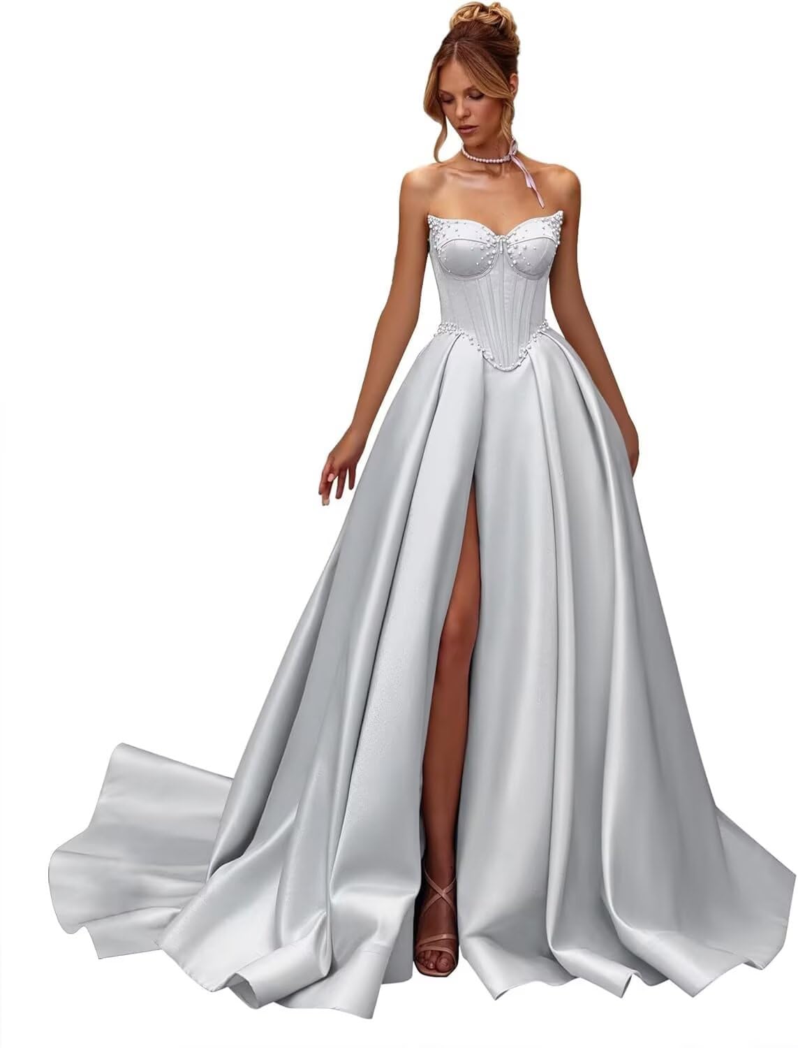 Kingbridal Gowns Strapless Prom Dresses for Women 2026 Long Satin A-line Formal Dress with Slit Beaded Corset Evening Party Gowns