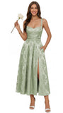 Jacquard Satin Bridesmaid Dresses for Women Spaghetti Straps A Line Tea Length Formal Evening Dress