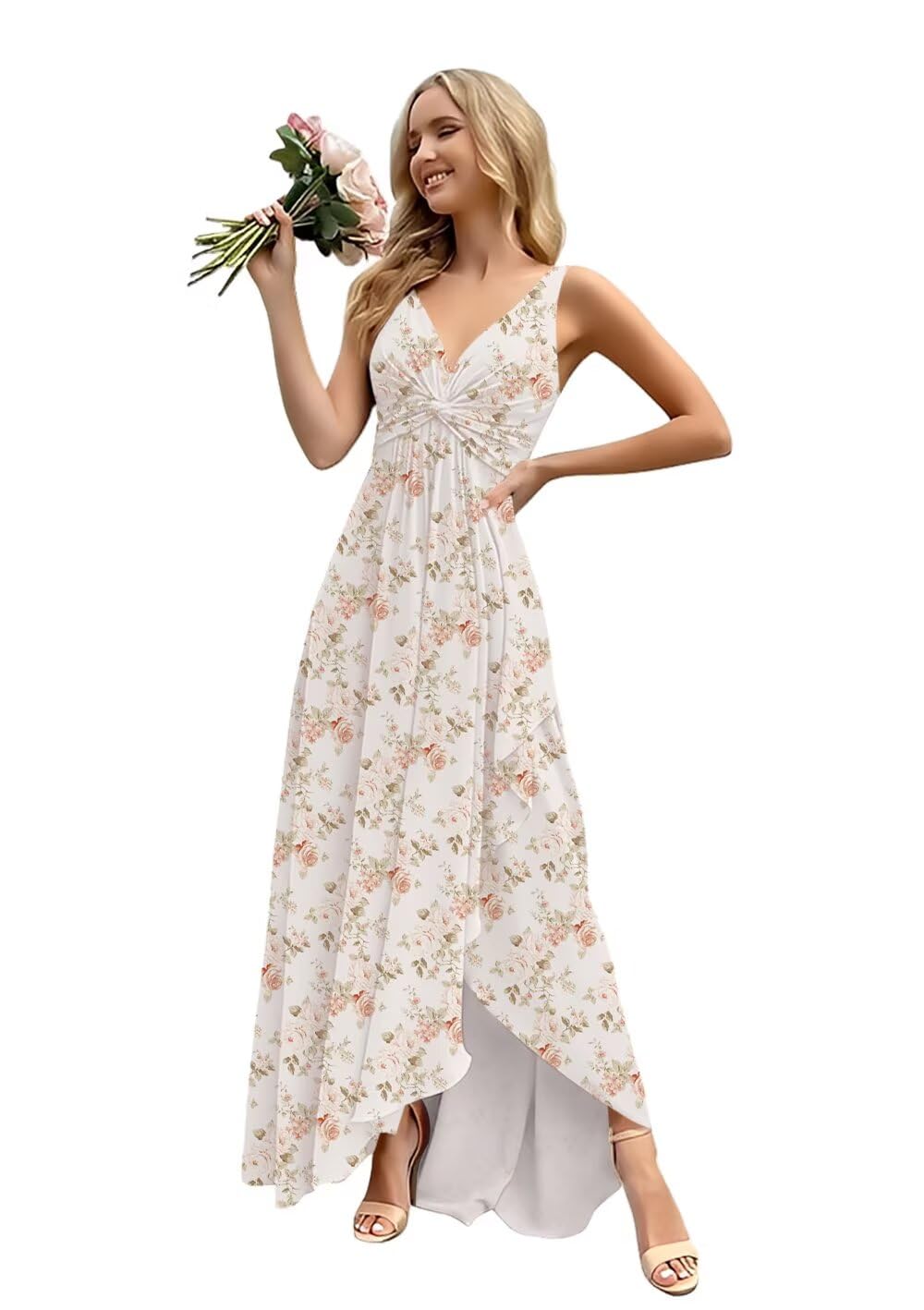 Women’s Long Bridesmaid Dresses Sleeveless V-Neck Formal Wedding Guest Chiffon Prom Gowns for Teens