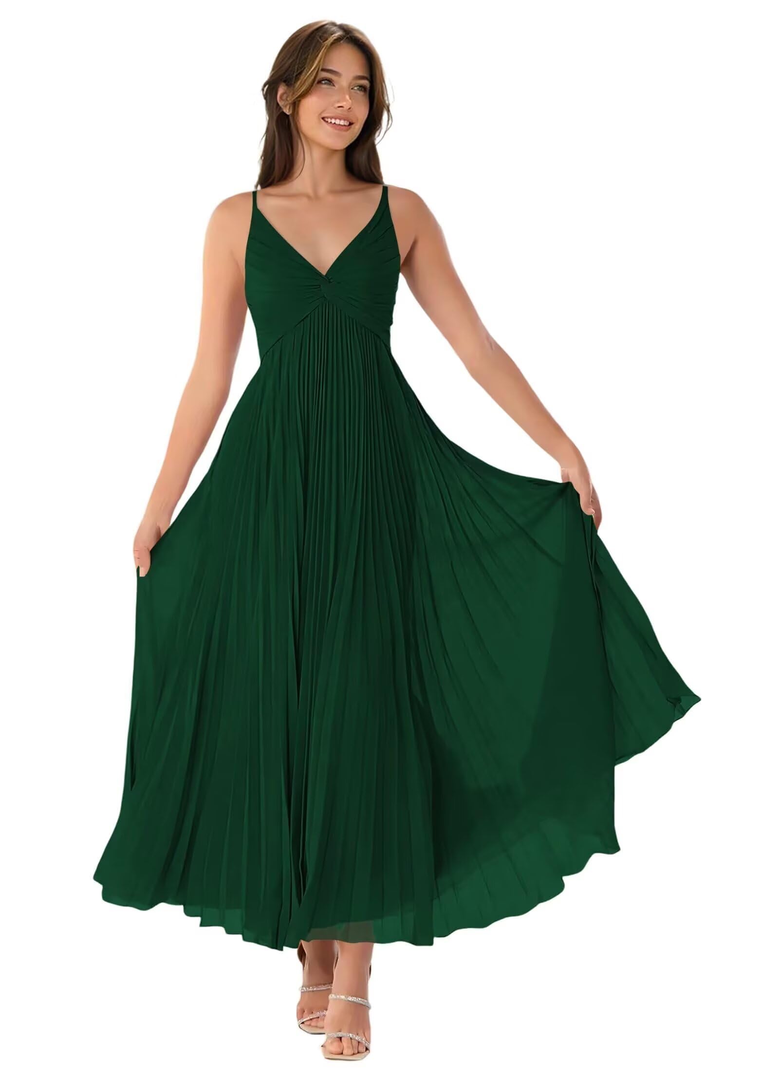 V-Neck Pleated Bridesmaid Dresses for Women Chiffon Spaghetti Straps Pleates Long Formal Wedding Guest Dress