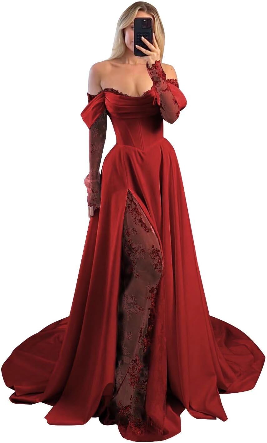 Off Shoulder Satin Wedding Dresses Lace Long Sleeve Prom Dresses Corset A-Line Ball Gowns with Slit