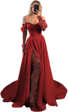 Off Shoulder Satin Wedding Dresses Lace Long Sleeve Prom Dresses Corset A-Line Ball Gowns with Slit
