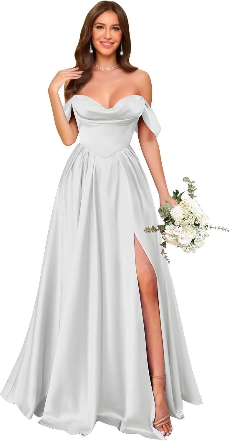Off Shoulder Satin Bridesmaid Dresses Long Pleated Formal Dresses A Line Evening Gowns with Slit