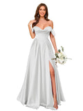 Off Shoulder Satin Bridesmaid Dresses Long Pleated Formal Dresses A Line Evening Gowns with Slit