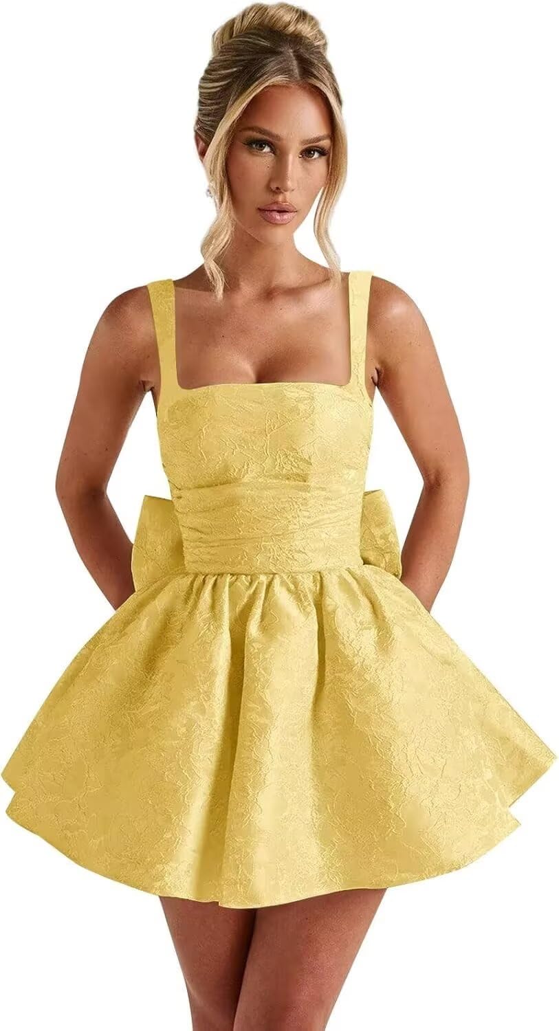 Jacquard Satin Homecoming Dresses for Teens Spaghetti Straps Short Prom Dress A-line Cocktail Party Gowns with Bow