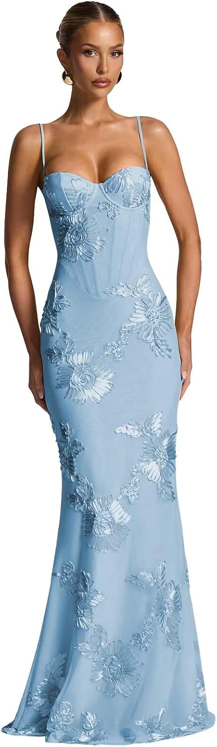 Spaghetti Straps Mermaid Prom Dress 2026 Floral Embroidery Long Corset Formal Evening Gowns