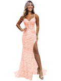 Sparkly Sequin Prom Dresses for Teens 2026 V Neck Glitter Applique Mermaid Formal Evening Gown with Slit