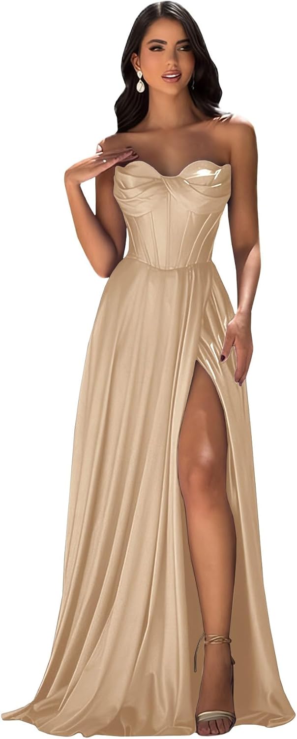 Strapless Prom Dress with Slit Satin A Line Long Ball Gowns for Women Sweetheart Corset Formal Dress with Pockets