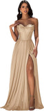 Strapless Prom Dress with Slit Satin A Line Long Ball Gowns for Women Sweetheart Corset Formal Dress with Pockets