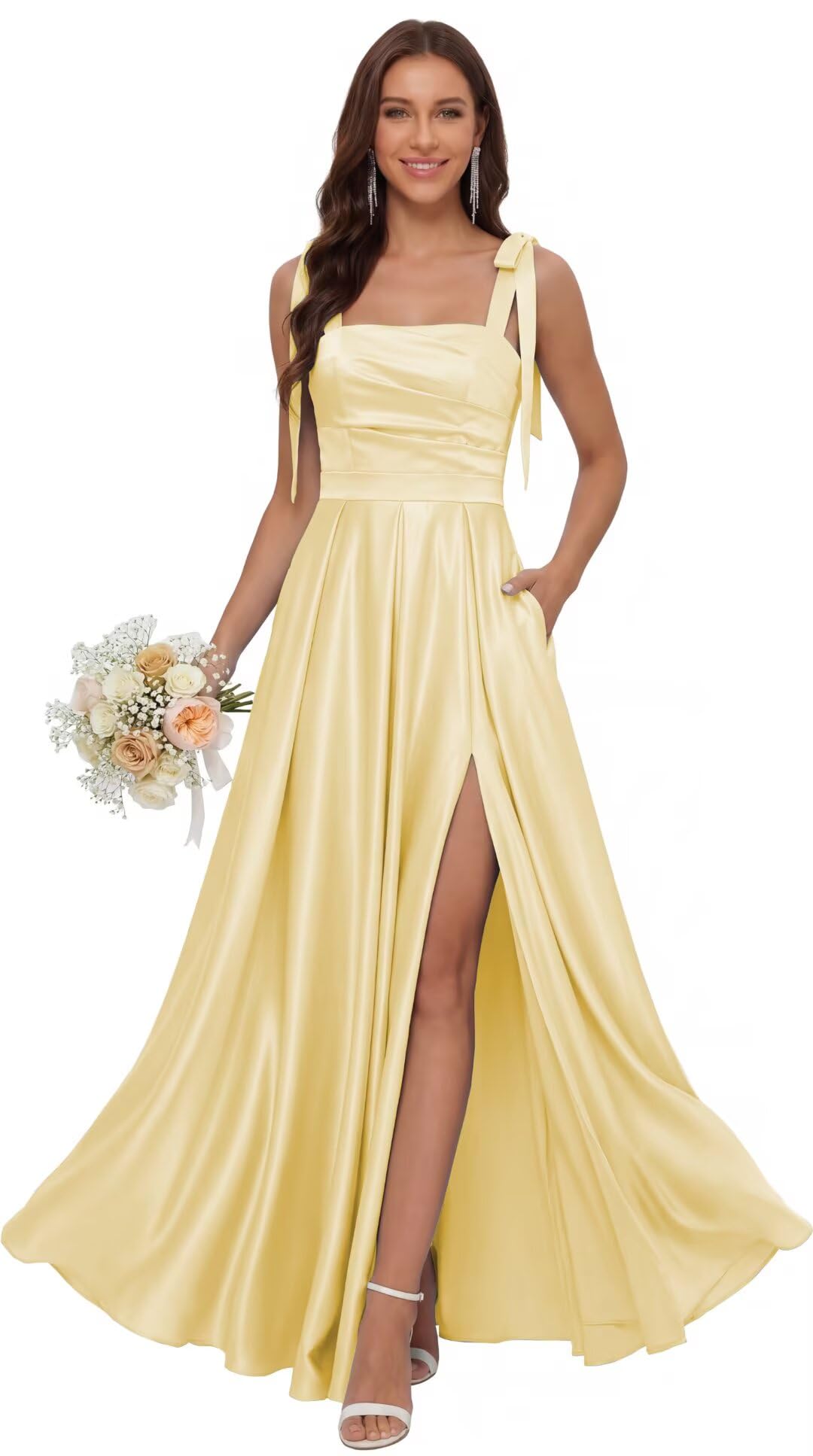 Satin Bridesmaid Dresses with Slit Spaghetti Straps Square Neck Long Formal Dress