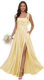Satin Bridesmaid Dresses with Slit Spaghetti Straps Square Neck Long Formal Dress