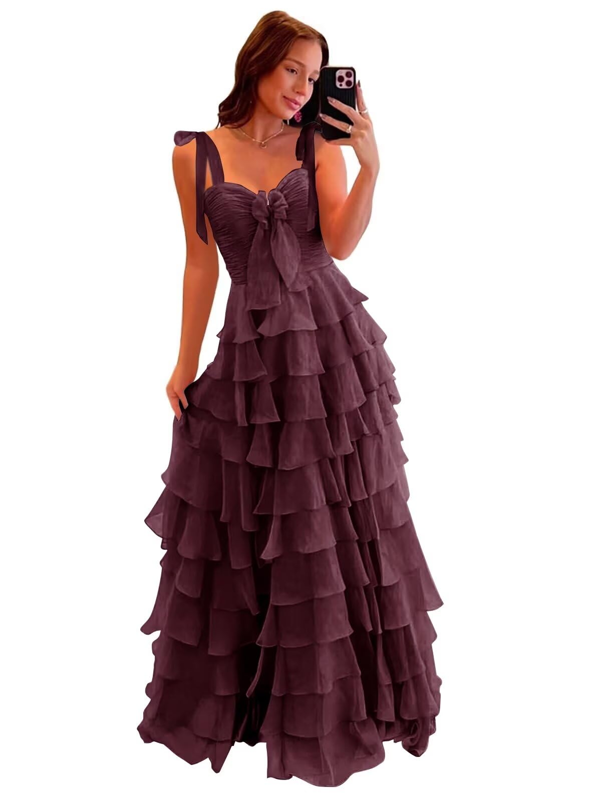Tiered Prom Dresses with Bow Long A-Line Chiffon Formal Evening Dress for Women Spaghetti Straps Slit Ball Gown
