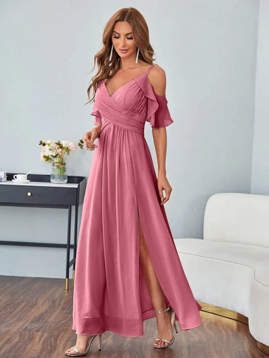 Women's Cold Shoulder Bridesmaid Dresses Long Summer Side Slit Chiffon Formal Evening Gown with Pockets