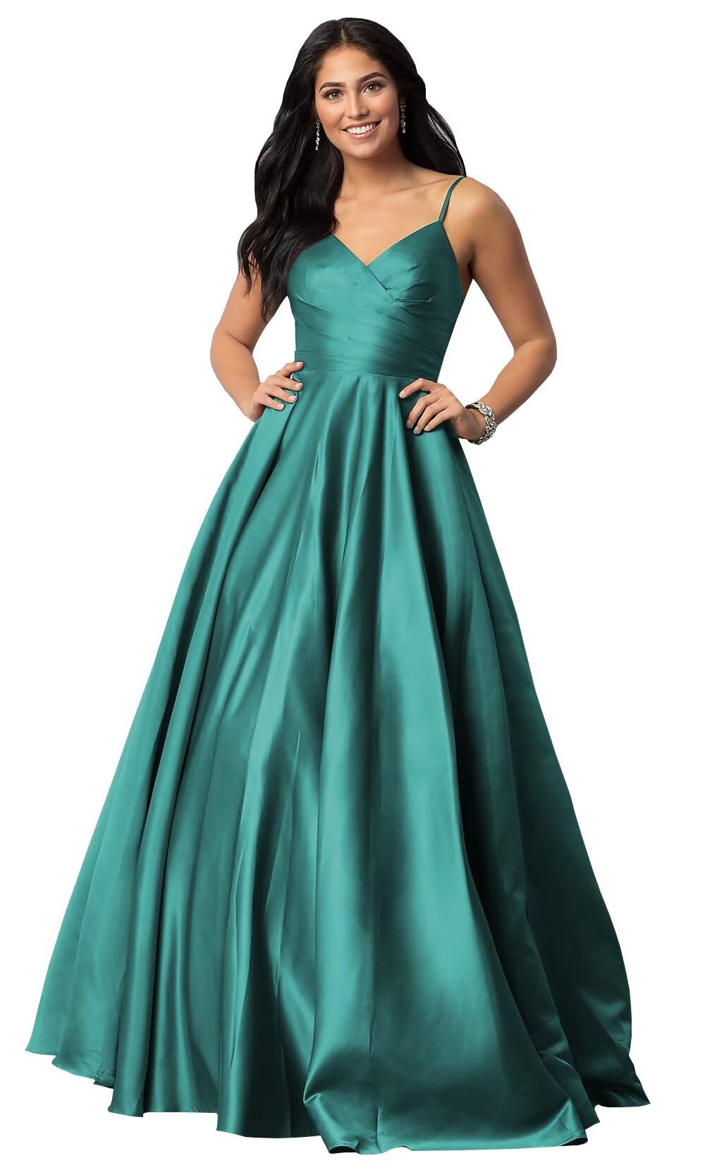 Spaghetti Straps Satin Prom Dresses for Women Long with Pockets Pleated Formal Evening Gowns Ball Gown