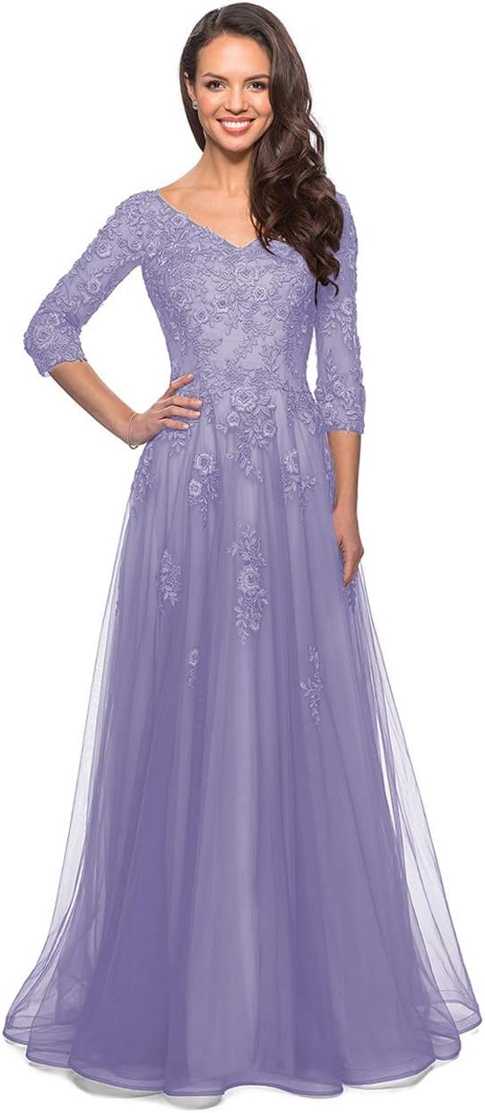 Women's Floral Lace Appliques 3/4 Sleeve Mother of The Bride Dresses Long V Neck Formal Dresses with Pockets